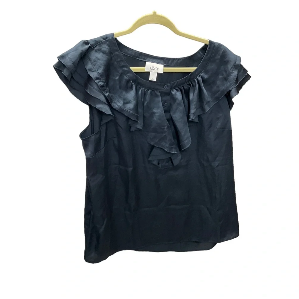 Ann Taylor Loft Woman’s Large Blue Ruffled Flutter Cap Sleeves Blouse Polyester